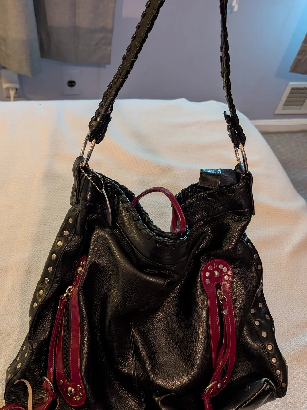Cape Cod Leather Black Braided-Handle Hobo Bag with Wine Accents